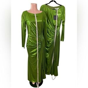 NWT Mac Duggal Drape Bodice Metallic Green Long Sleeve Dress 8 Gown Style 27165
